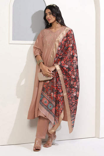 Womens Chikoo Cotton Blend A line Emboidered Kurta And Pant With Dupatta Set