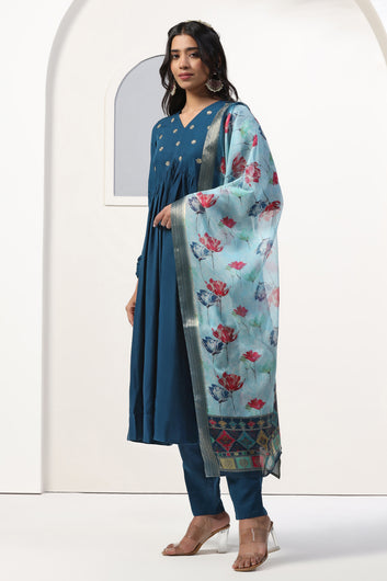 Womens Teal Blue Cotton Blend Empire Emboidered Kurta And Pant With Dupatta Set