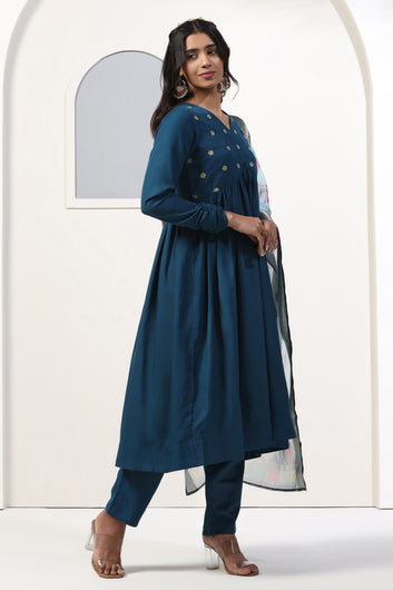 Womens Teal Blue Cotton Blend Empire Emboidered Kurta And Pant With Dupatta Set