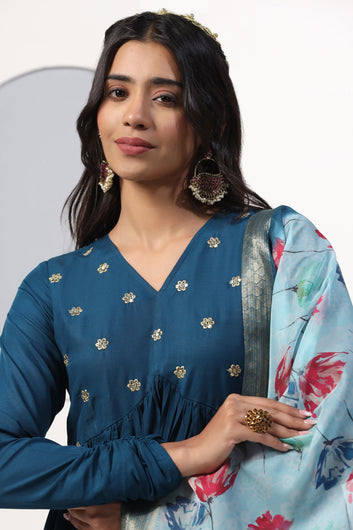 Womens Teal Blue Cotton Blend Empire Emboidered Kurta And Pant With Dupatta Set