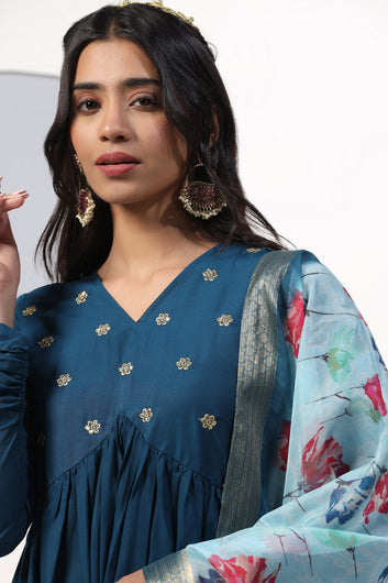 Womens Teal Blue Cotton Blend Empire Emboidered Kurta And Pant With Dupatta Set