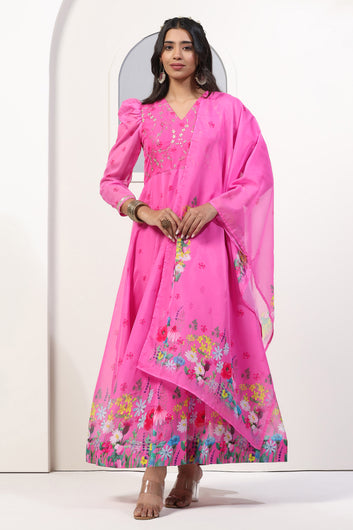 Womens Pink Organza Floral Printed Maxi Length Anarkali Kurta And Trouser With Dupatta Set