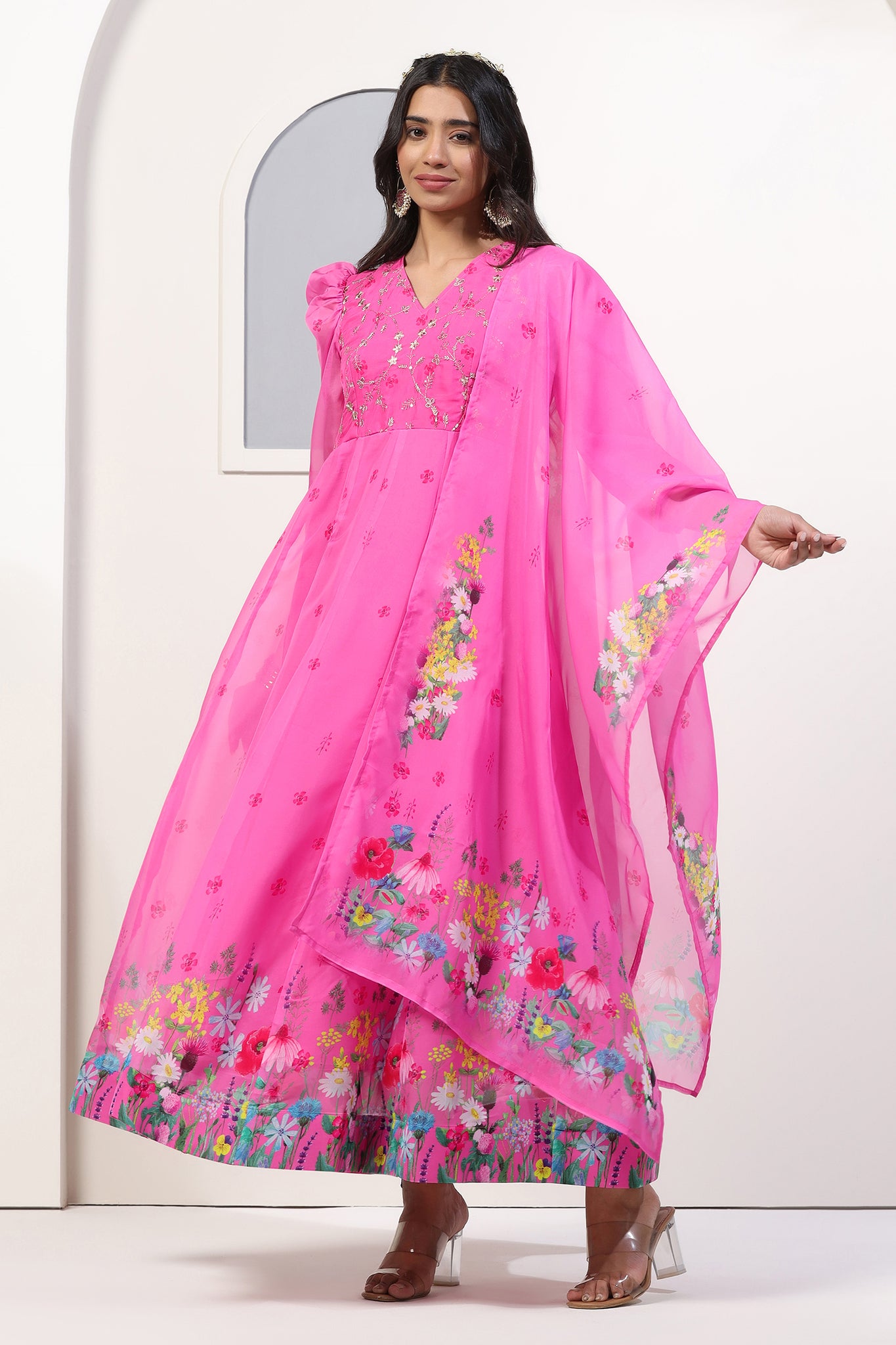 Womens Pink Organza Floral Printed Maxi Length Anarkali Kurta And Trouser With Dupatta Set