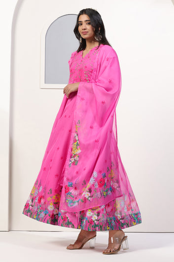 Womens Pink Organza Floral Printed Maxi Length Anarkali Kurta And Trouser With Dupatta Set