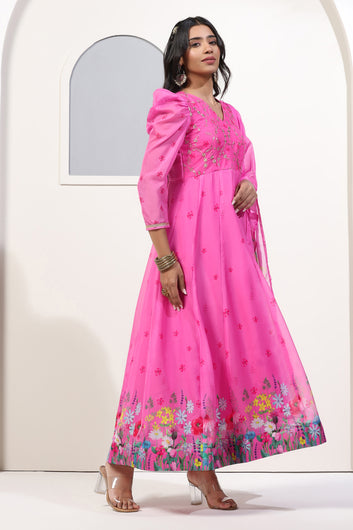 Womens Pink Organza Floral Printed Maxi Length Anarkali Kurta And Trouser With Dupatta Set