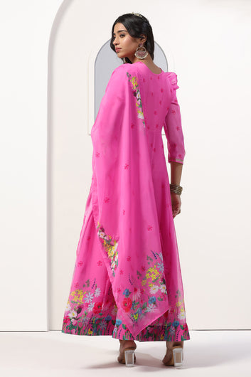 Womens Pink Organza Floral Printed Maxi Length Anarkali Kurta And Trouser With Dupatta Set