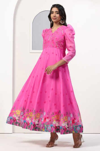 Womens Pink Organza Floral Printed Maxi Length Anarkali Kurta And Trouser With Dupatta Set