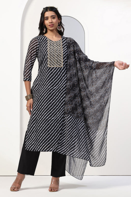 Womens Black Georgette Straight Leheriya Printed Kurta And Pant With Dupatta Set