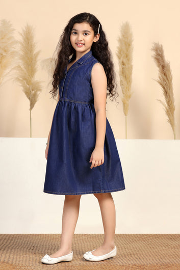 Girls Blue Denim Solid Knee Length Dress