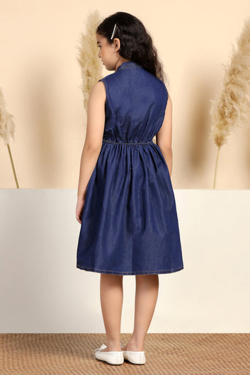 Girls Blue Denim Solid Knee Length Dress