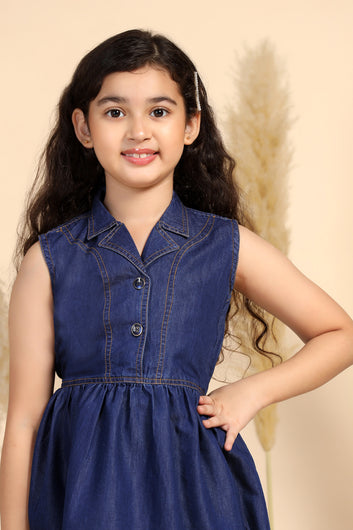 Girls Blue Denim Solid Knee Length Dress