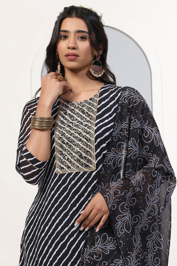 Womens Black Georgette Straight Leheriya Printed Kurta And Pant With Dupatta Set