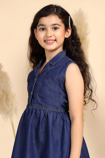 Girls Blue Denim Solid Knee Length Dress