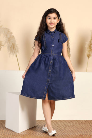Girls Blue Denim Calf Length Solid Dress