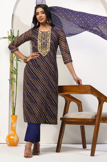 Womens Navy Blue Georgette Leheriya Printed Calf Length Kurta And Trouser With Dupatta Set