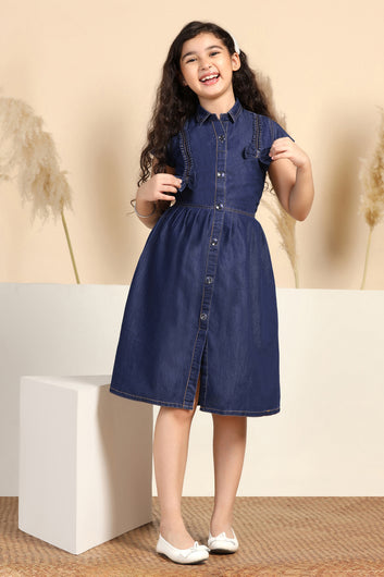 Girls Blue Denim Calf Length Solid Dress