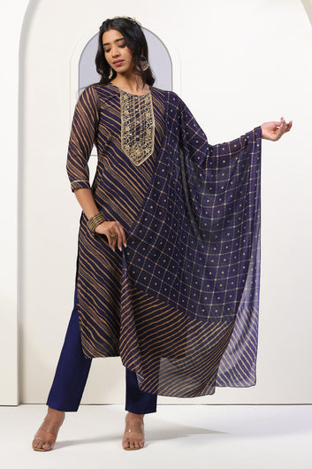 Womens Navy Blue Georgette Leheriya Printed Calf Length Kurta And Trouser With Dupatta Set