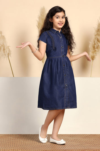 Girls Blue Denim Calf Length Solid Dress