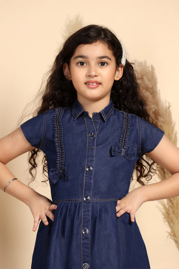 Girls Blue Denim Calf Length Solid Dress