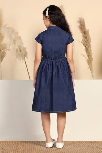 Girls Blue Denim Solid Knee Length Dress