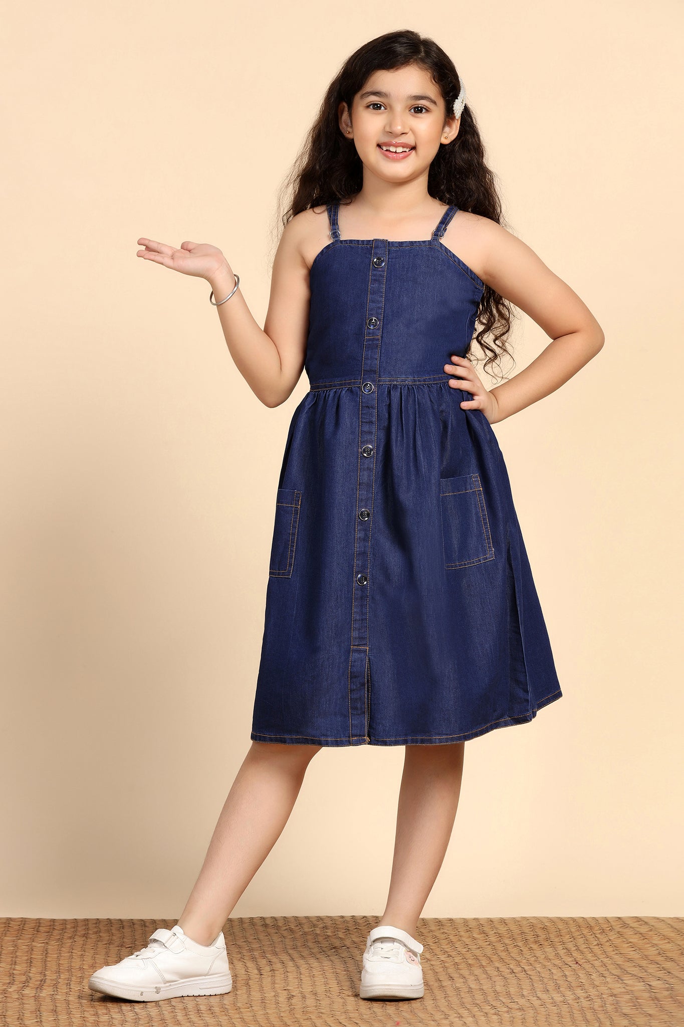 Girls Blue Denim Solid Knee Length Dress