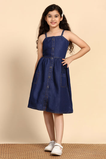 Girls Blue Denim Solid Knee Length Dress