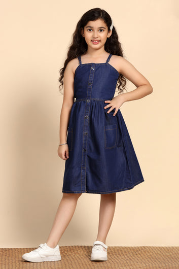 Girls Blue Denim Solid Knee Length Dress