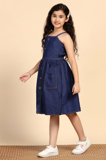 Girls Blue Denim Solid Knee Length Dress