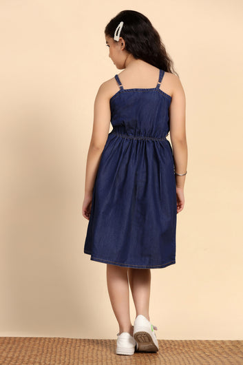 Girls Blue Denim Solid Knee Length Dress