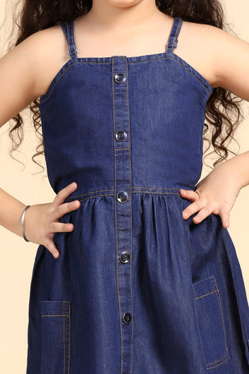 Girls Blue Denim Solid Knee Length Dress