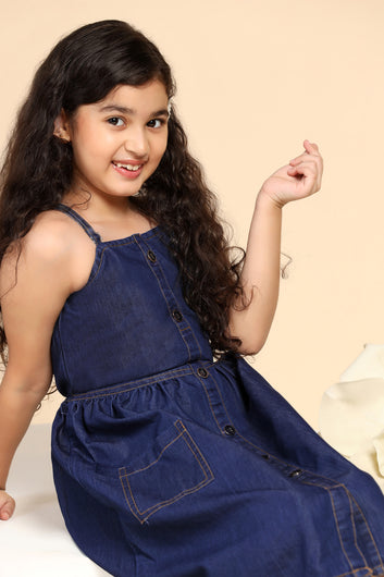 Girls Blue Denim Solid Knee Length Dress