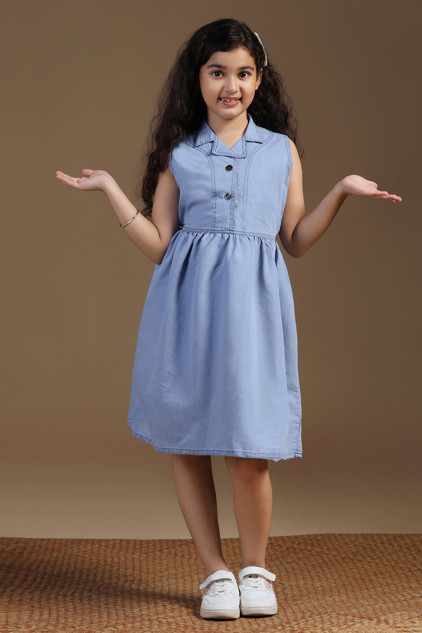 Girls Light Blue Denim Solid Knee Length Dress