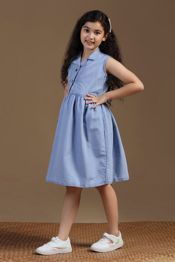 Girls Light Blue Denim Solid Knee Length Dress