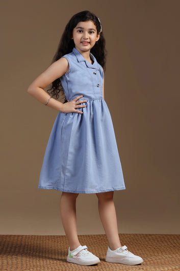 Girls Light Blue Denim Solid Knee Length Dress