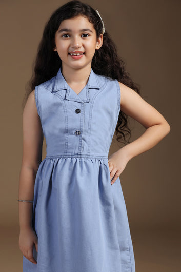 Girls Light Blue Denim Solid Knee Length Dress