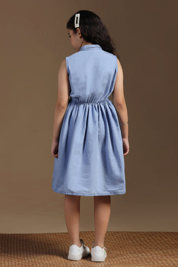 Girls Light Blue Denim Solid Knee Length Dress