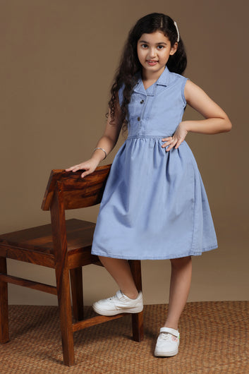 Girls Light Blue Denim Solid Knee Length Dress