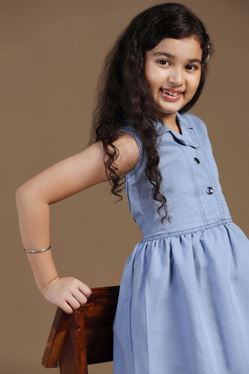 Girls Light Blue Denim Solid Knee Length Dress