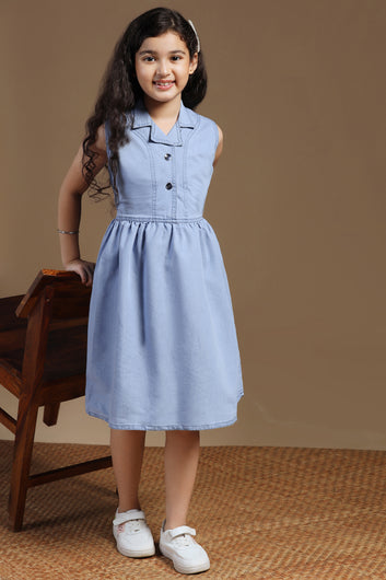 Girls Light Blue Denim Solid Knee Length Dress