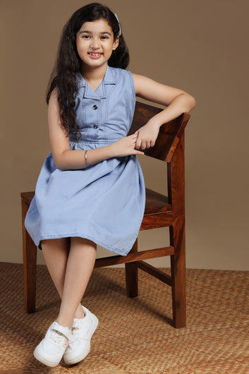 Girls Light Blue Denim Solid Knee Length Dress