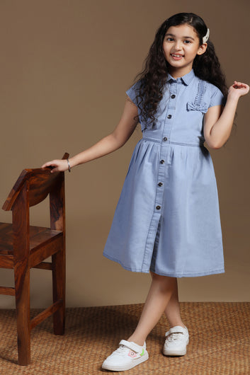 Girls Light Blue Denim Solid Knee Length Dress