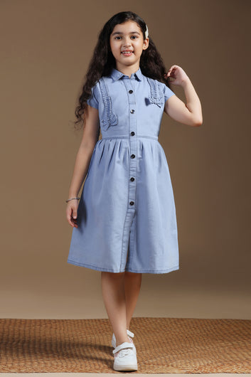 Girls Light Blue Denim Solid Knee Length Dress