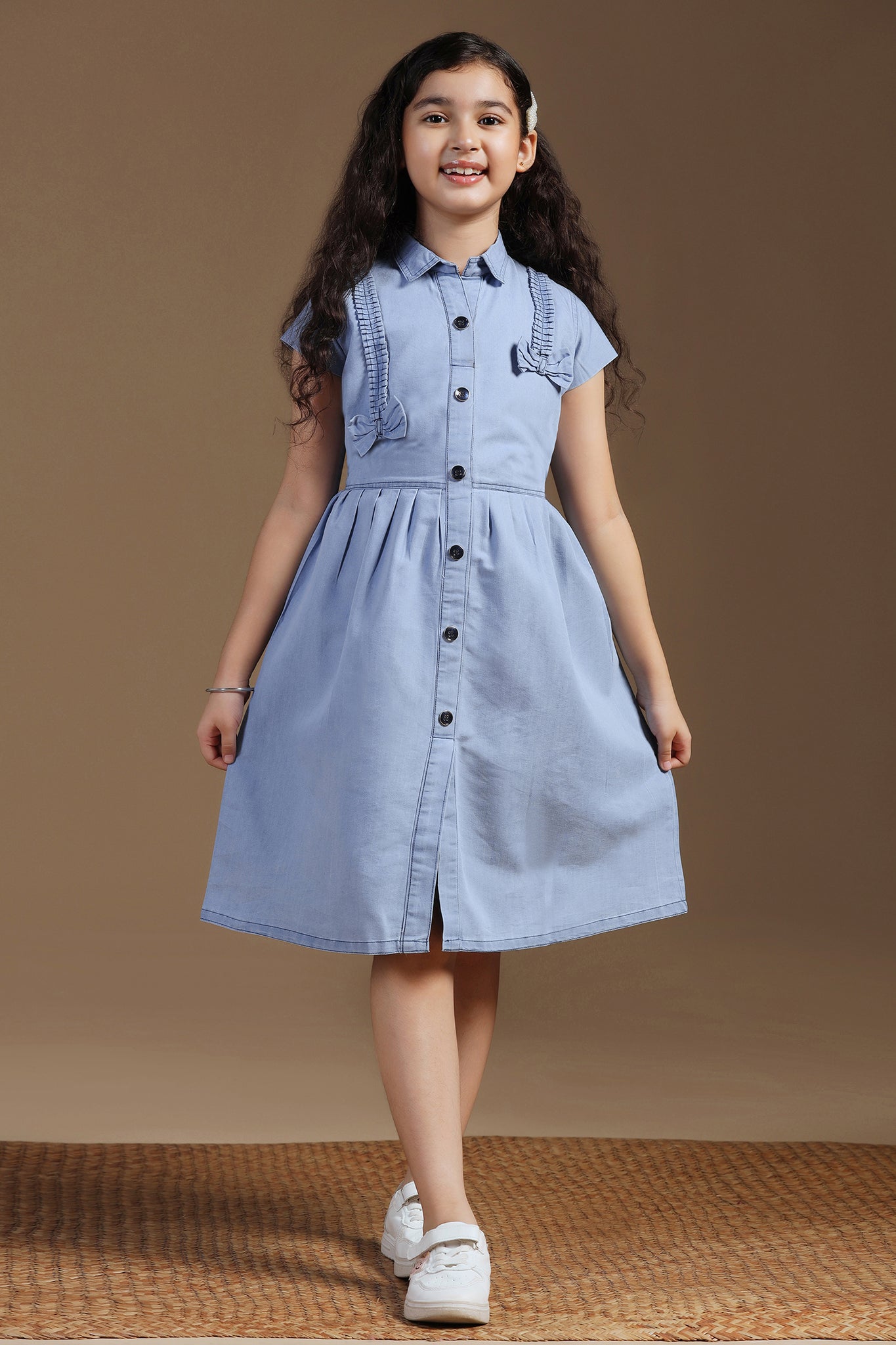 Girls Light Blue Denim Solid Knee Length Dress