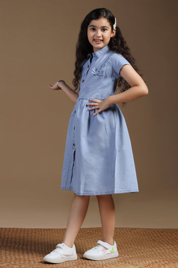 Girls Light Blue Denim Solid Knee Length Dress