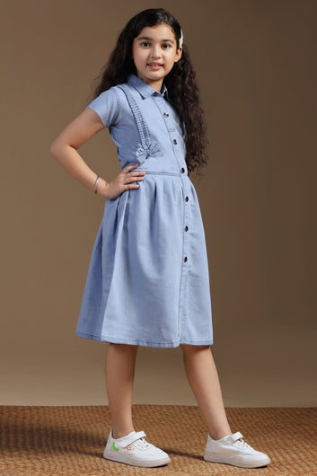 Girls Light Blue Denim Solid Knee Length Dress