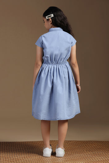 Girls Light Blue Denim Solid Knee Length Dress