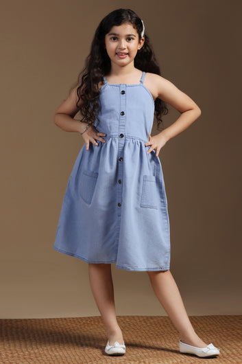 Girls Light Blue Denim Solid Knee Length Dress