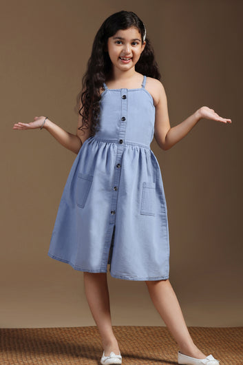 Girls Light Blue Denim Solid Knee Length Dress