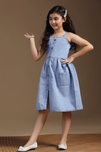 Girls Light Blue Denim Solid Knee Length Dress