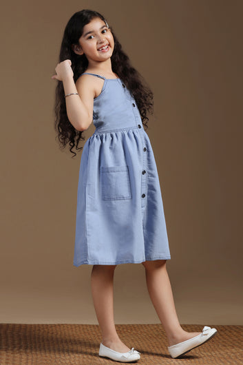 Girls Light Blue Denim Solid Knee Length Dress